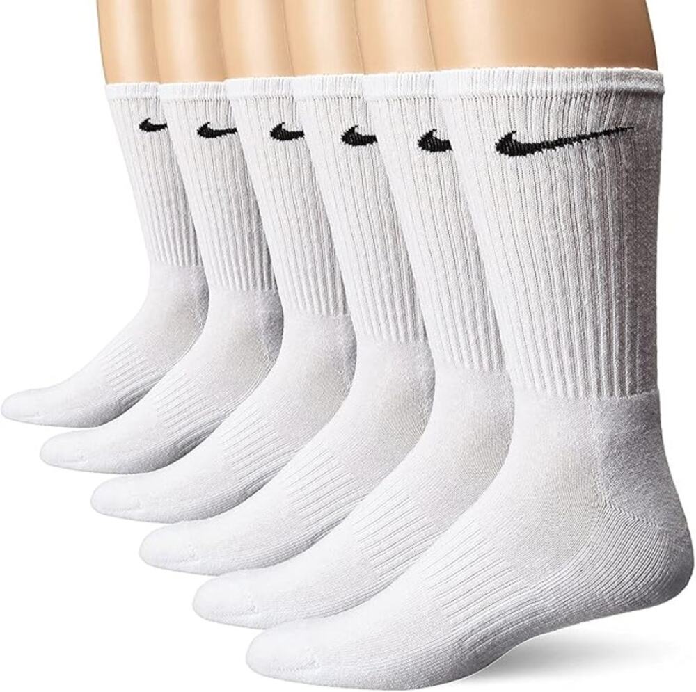 BRAND NEW ~ 6 Pairs White Nike Unisex Adult Cushion Crew Socks Black Swoosh